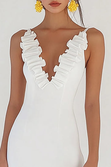 Bodycon Volang Satin Vit Examensklänning